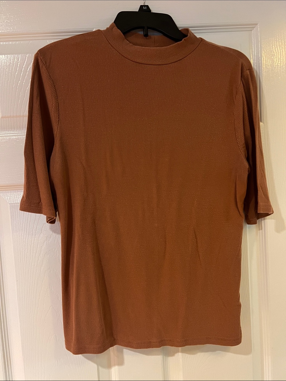 a new day Women's Short Sleeve Mock Neck Rib Knit Top in Rust Brown